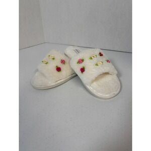 Mellow & Mod Women Cream Faux Fur Ribbon Rosebud Floral Slide Slippers US L